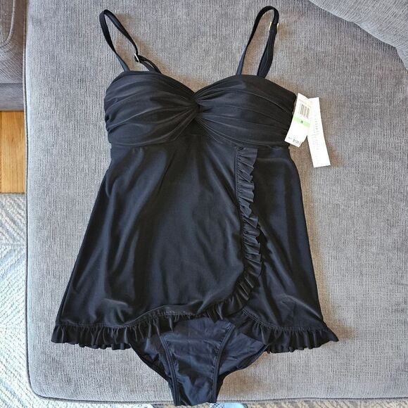 Beyond Control Women Black Twist Front Sweetheart Neckline Ruffle Swim dress 8 - Picture 5 of 16